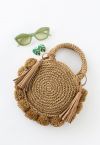 Bolso de paja con adorno de borla de bola Pom-Pom