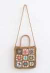 Bolso de paja tejida con flores de colores