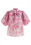 Top floral de manga corta de burbuja Bowknot en rosa