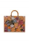 Bolso tote con asa de bambú y bordado floral de lentejuelas en naranja