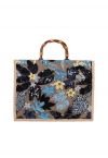 Bolso tote con asa de bambú y bordado floral de lentejuelas en azul