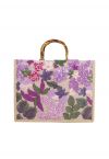 Bolso tote con asa de bambú y bordado floral de lentejuelas en violeta