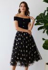 Falda midi de tul de malla con corazones brillantes en negro