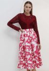 Falda midi plisada de jacquard con flores de color rojo vibrante