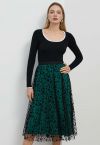 Falda midi de tul y malla con copos de nieve de terciopelo en verde oscuro