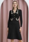 Vestido midi de punto con cuello y borde trenzado en negro