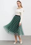 Falda midi de tul de tartán verde oscuro