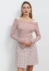 Falda con solapa de tweed a cuadros y bolsillo de parche en rosa