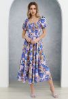 Vestido midi con mangas de burbuja de tulipán vibrante en azul