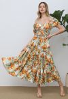 Vestido midi con mangas de burbuja de tulipán vibrante en naranja