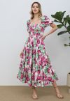 Vestido midi con mangas de burbuja de tulipán vibrante en rosa