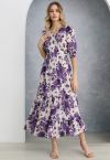 Vestido cruzado con volantes de jacquard floral morado