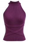 Top de punto halter sin mangas con cinta cruzada en color morado