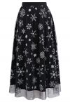 Falda midi de tul con malla y copos de nieve y estrellas brillantes en color negro