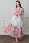 Watercolor Rose Garden Tie-Neck Belted Organza Maxi Dress in Hot Pink