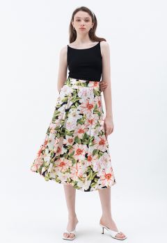 Encantadora falda midi de satén con estampado de flores
