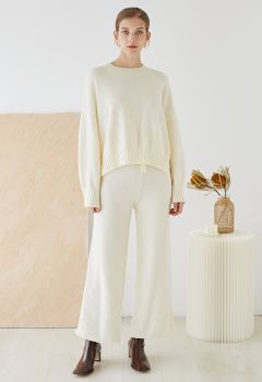 Conjunto de suéter Hi-Lo de punto gofrado y pantalones de pernera ancha en color crema