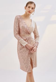 Vestido de cóctel de terciopelo con lentejuelas deslumbrantes en oro rosa