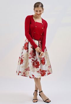 Falda midi plisada de jacquard floral floreciente en rojo