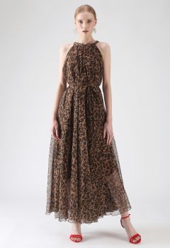 Vestido largo sin mangas en acuarela de leopardo en marrón