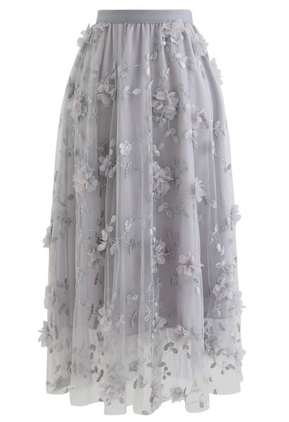 Falda midi de tul con bordado de flores de malla 3D en gris