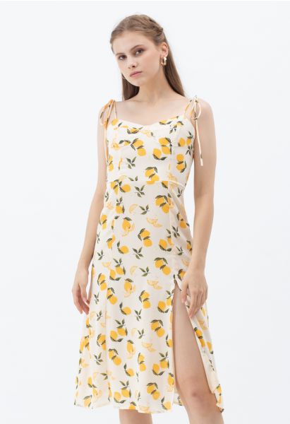 Vestido camisola anudado con escote corazón y estampado de limones