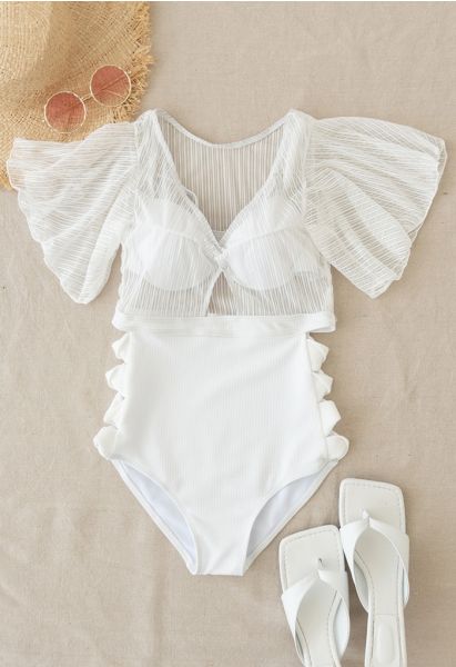 Conjunto de sujetador removible y traje de baño de encaje en blanco