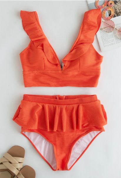 Conjunto de bikini con volantes en la espalda con cremallera en naranja