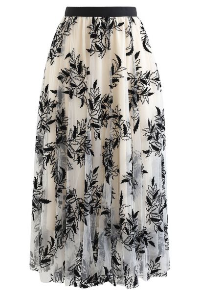 Falda midi de tul de malla de doble capa 3D Leaf en color crema
