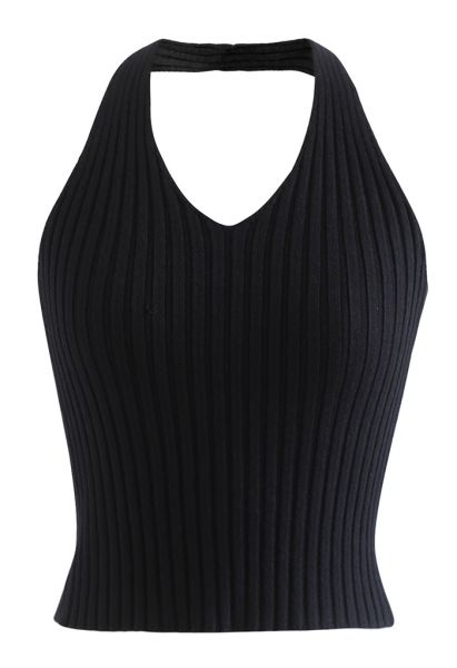 Top corto de punto con cuello halter en negro