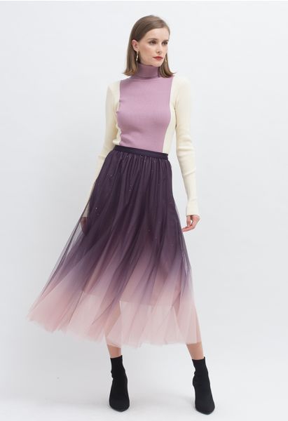 Falda larga con lentejuelas y malla degradada en violeta
