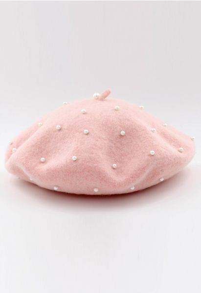 Boina de mezcla de lana perlada hecha a mano en rosa