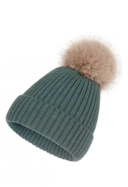 Gorro Beanie de punto acanalado Pom-Pom en turquesa