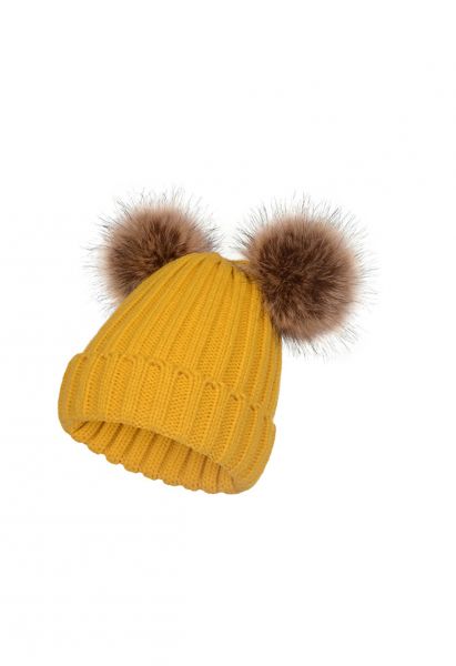 Gorro Beanie de punto Fuzzy Pom-Pom en mostaza