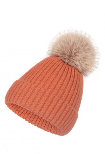 Gorro Beanie de punto acanalado Pom-Pom en coral