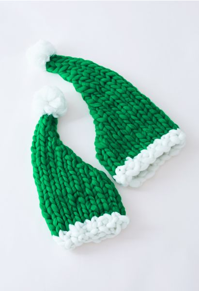 Gorro de Navidad Pom-Pom tejido a mano trenzado en verde