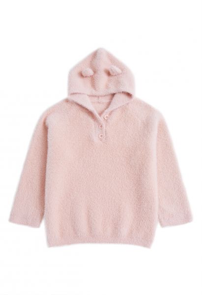 Suéter con capucha de punto fuzzy Kitty Cat en rosa para niños