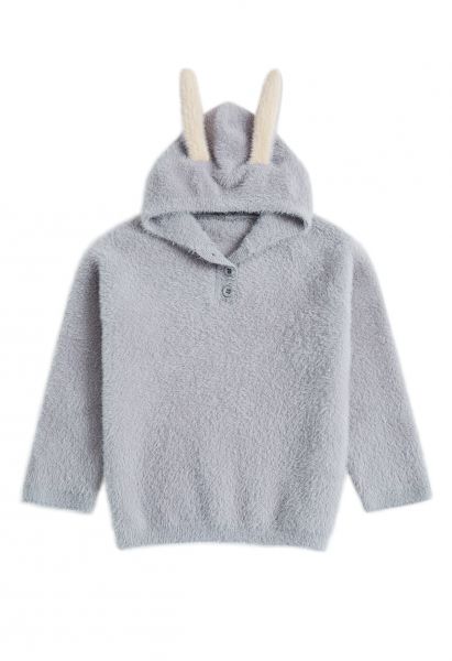 Suéter con capucha Lovely Bunny Fuzzy Knit en gris para niños