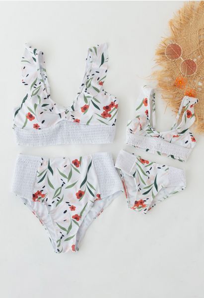 Conjunto de bikini fruncido con volantes de flores naranjas para mamá y niños