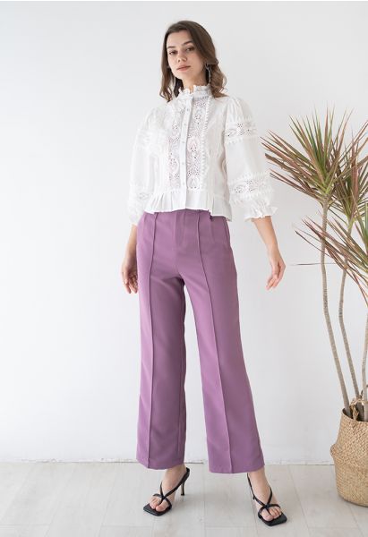 Pantalones de pernera recta con cintura abotonada Sencillez en morado