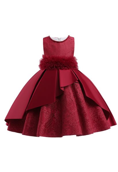 Vestido de princesa de malla con volantes y encaje floral en rojo para niños