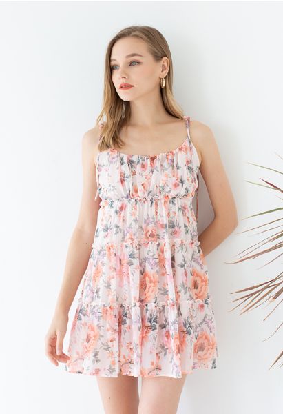 Vestido camisero de chifón con ribete de volantes y flores de acuarela