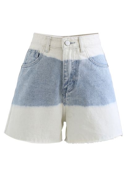 Shorts de mezclilla con dobladillo deshilachado color block