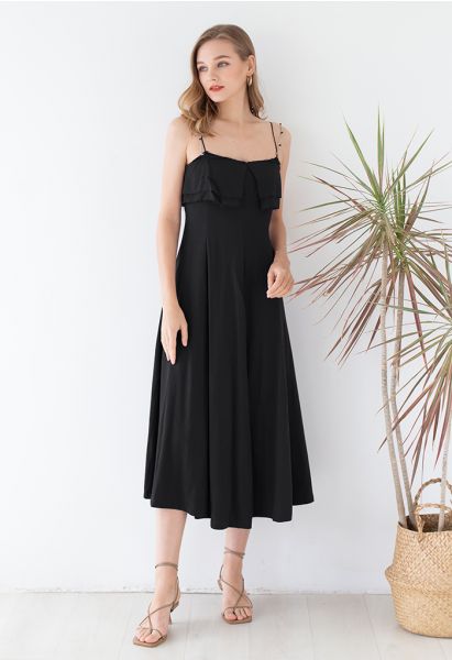 VESTIDO CAMISETA DE LINO CON DOBLE TIRANTES Y SOLAPA EN NEGRO