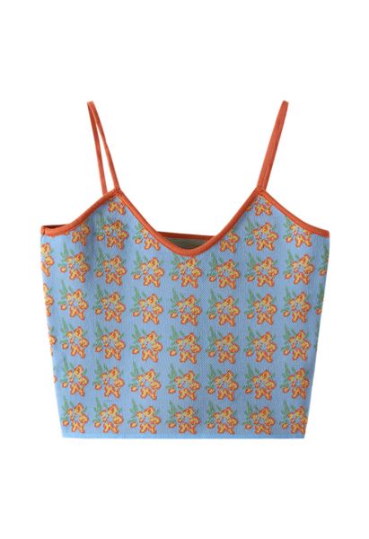 Top de punto de tirante jacquard floral en azul