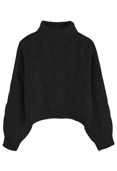 Suéter corto de punto trenzado con cuello alto en negro