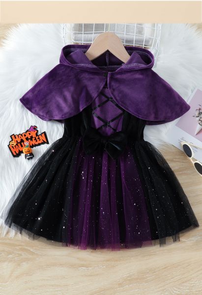 Vestido de malla con purpurina de Little Princess con capa con capucha
