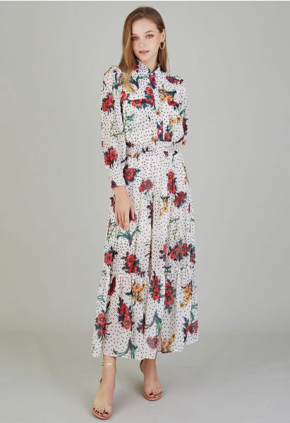 Vestido largo de gasa con estampado floral de lunares