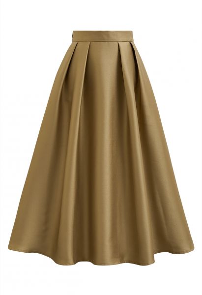 Elegante falda midi plisada de corte A con bolsillos laterales en dorado
