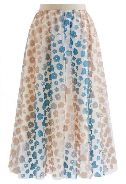 Falda de malla de doble capa con flores 3D degradadas en azul polvoriento